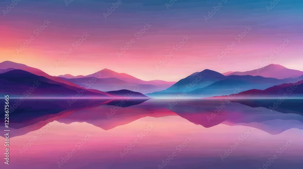 Serene sunset over tranquil lake reflecting colorful mountain silhouettes in the background Serene sunset over tranquil lake reflecting colorful mountain silhouettes in the background