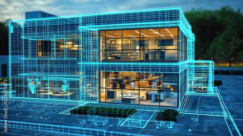 Futuristic Smart Home Architectural Design: Wireframe Visualization