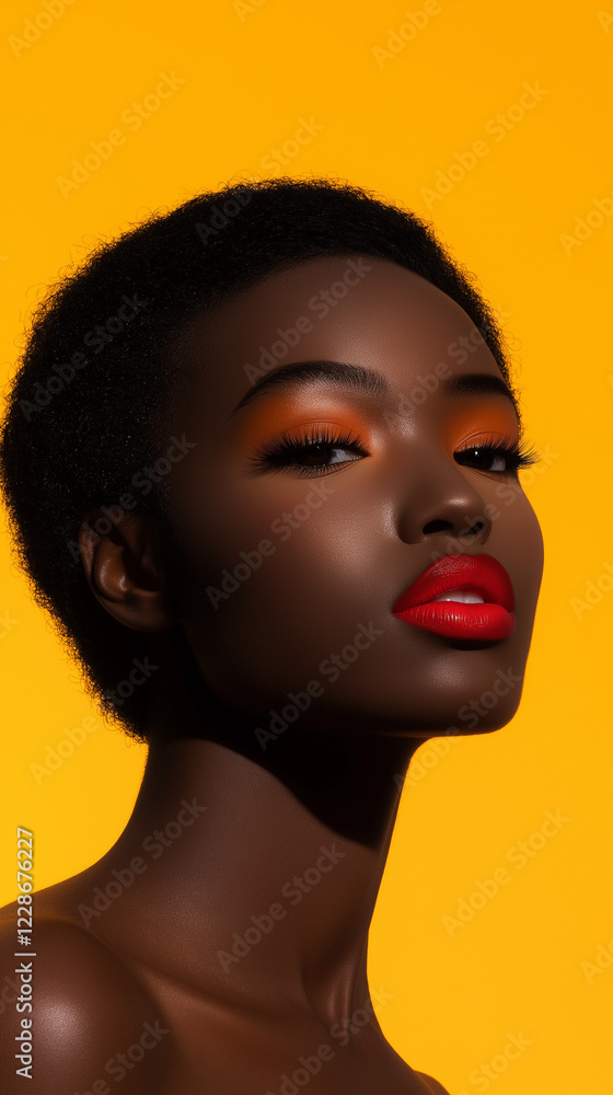 3/4 profile of black woman with closed eyes cateye make up bright yellow background social media post vertical mobile format makeup cosmetics branding marketing backdrop 3/4 profile of black woman with closed eyes cateye make up bright yellow background social media post vertical mobile format makeup cosmetics branding marketing backdrop