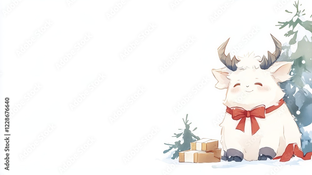 Naklejka premium Festive Fluffy Goat with Presents in Winter Wonderland