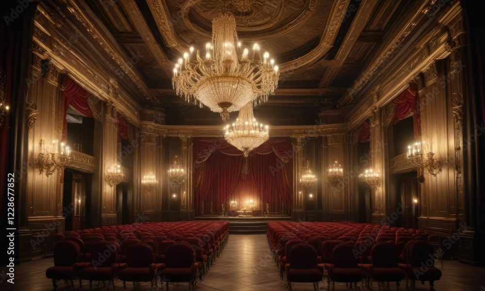 Obraz premium opulent opera theater with intricate chandeliers and spotlights, grandiose, premium