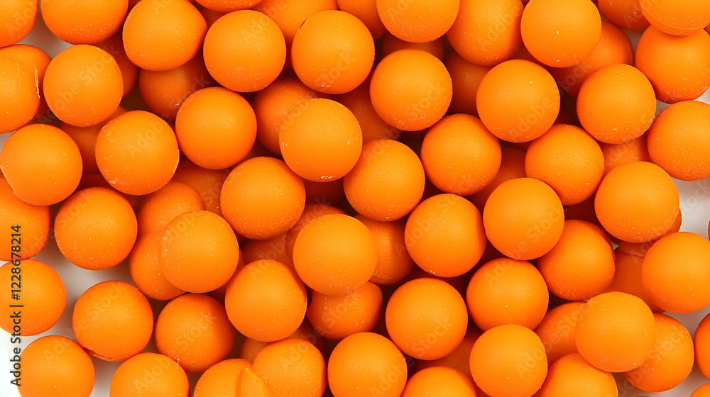 Orange coated round candies scattered on white background, close-up shot, food photography for packaging or website Orange coated round candies scattered on white background, close-up shot, food photography for packaging or website