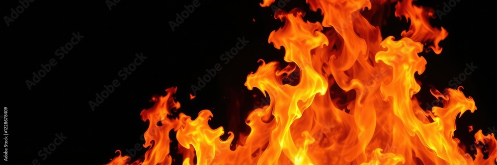 Intense flames against a black background, symbolizing power and destruction, burning, danger
