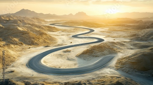 Serpentine road winding through arid desert landscape at sunset with distant mountains photo