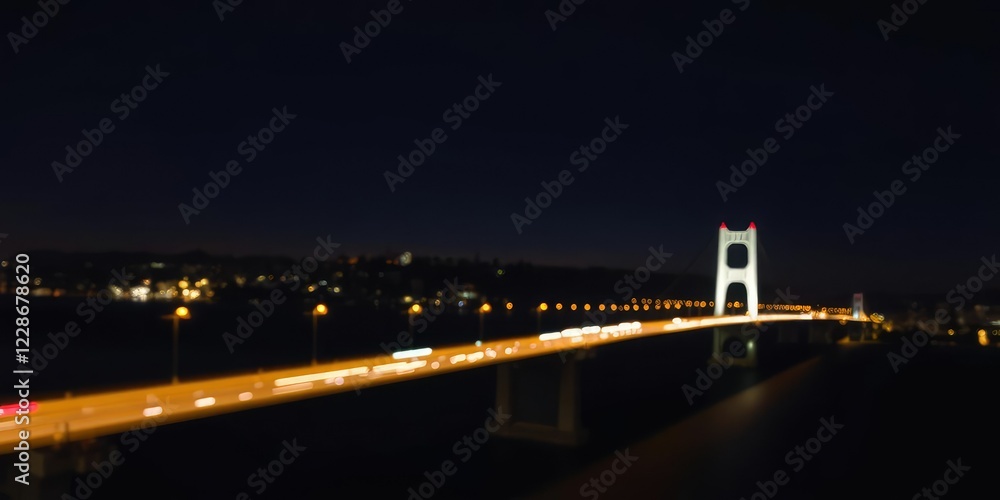 Fototapeta premium Long exposure shot of the Richmond-San Rafael Bridge at night with blurred traffic and twinkling city lights, nighttime roads, California coastline, urban landscape