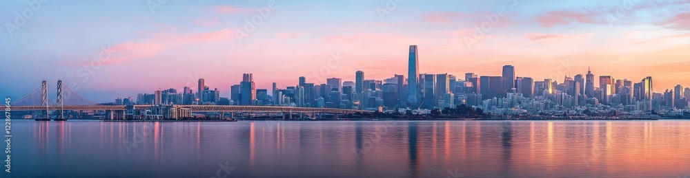 Fototapeta premium Stunning Panoramic View of San Francisco Skyline at Dawn with Bay Bridge and Reflections on Water