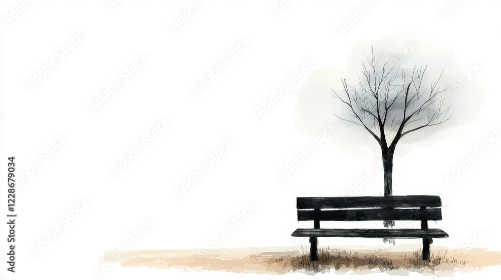 Serene park bench beside a solitary tree in a tranquil, minimalist setting with soft colors and gentle ambiance Serene park bench beside a solitary tree in a tranquil, minimalist setting with soft colors and gentle ambiance