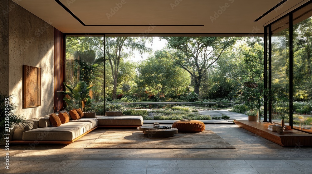 Fototapeta premium Serene Modern Living Room with Expansive Garden View