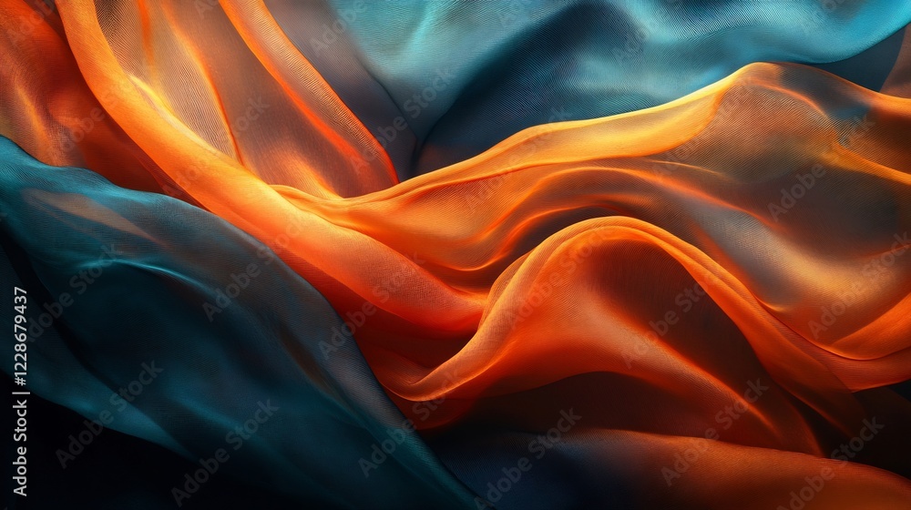 Obraz premium Warm light illuminates flowing orange teal silk fabric. AI Generated
