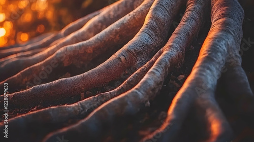 Sunset illuminates massive tree roots, ground level, nature background, environmental conservation photo