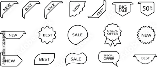 Sale price tag product badges Stickers Labels Tags Ribbons vector for apps or web Special Offer Sale Tag. Discount Offer quality icon in line set. big Seller isolated on transparent background