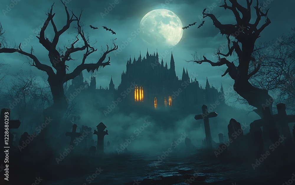 Halloween Scene - Graveyard At Moonlight - Contain Unrecognizable, Deformed Church With Reassembled Parts,
Halloween Scene - Graveyard At Moonlight - Contain Unrecognizable, Deformed Church With Reassembled Parts,
