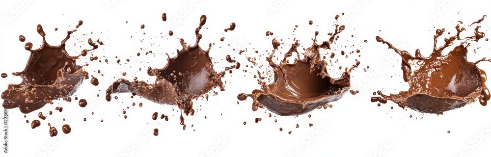 Chocolate splash sequence, white background, food photography, advertising Chocolate splash sequence, white background, food photography, advertising