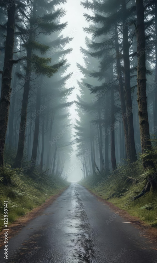 Fototapeta premium Long solitary road traversing a strange and eerie forest landscape, vines , twisted trees