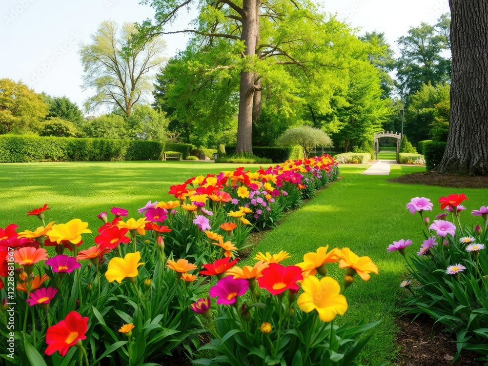 Fototapeta premium Lush green lawn with vibrant flowers blooming in the front yard, surrounded by tall trees and a serene garden path, nature, garden furniture, garden