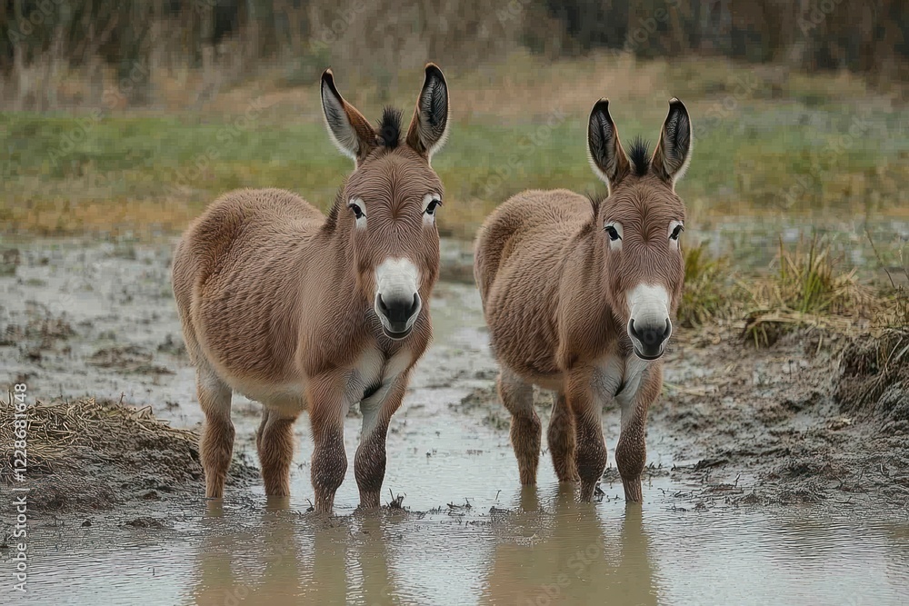 Cute Pair of Mini Donkeys by Duck Pond on Texas Farm in Winter Outdoors Cute Pair of Mini Donkeys by Duck Pond on Texas Farm in Winter Outdoors