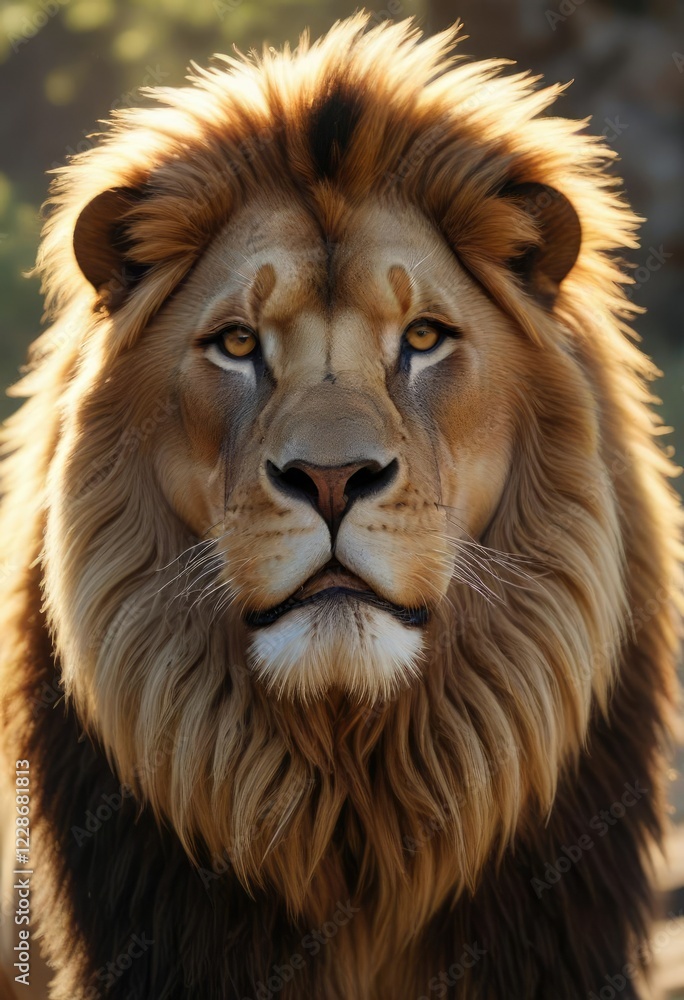 Majestic lion with sun-kissed fur and majestic mane, majestic lion, sun-kissed fur, natural surroundings Majestic lion with sun-kissed fur and majestic mane, majestic lion, sun-kissed fur, natural surroundings