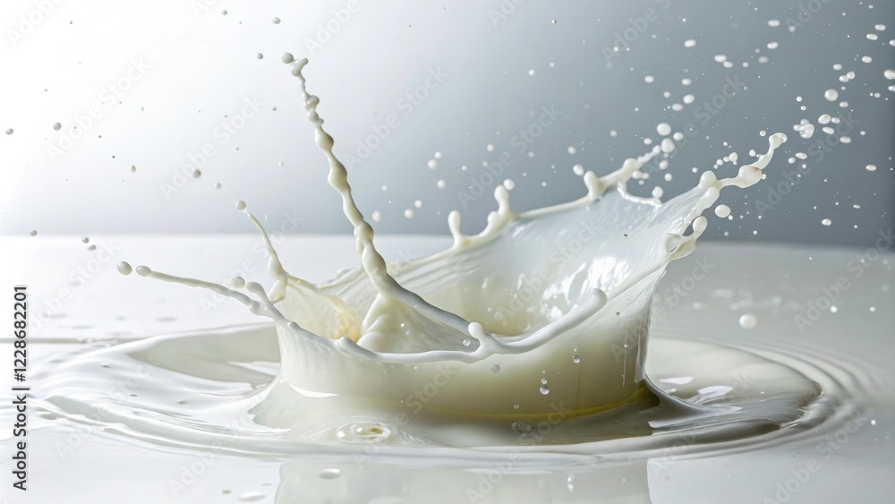 Milk splashing on a smooth white surface creating a sense of movement and energy, milk splash, isolated, dairy, white surface, liquid motion Milk splashing on a smooth white surface creating a sense of movement and energy, milk splash, isolated, dairy, white surface, liquid motion