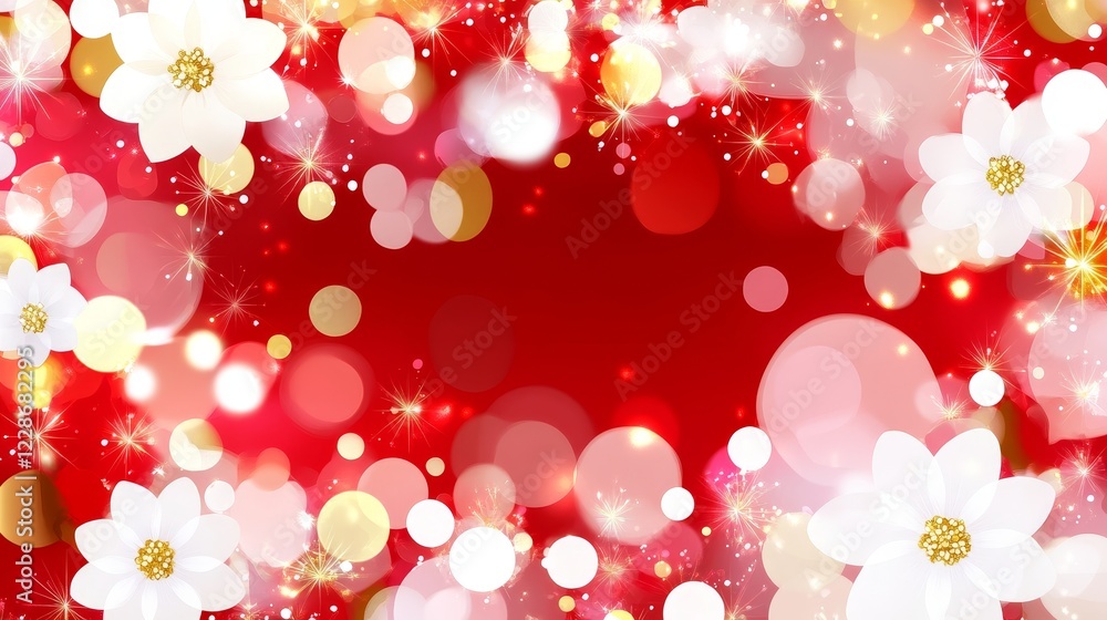 Festive Red Background with White Flowers and Sparkles Festive Red Background with White Flowers and Sparkles