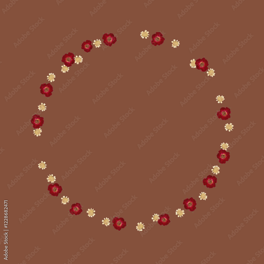 Obraz premium Round frame with realistic pressed dried flowers on brown background.