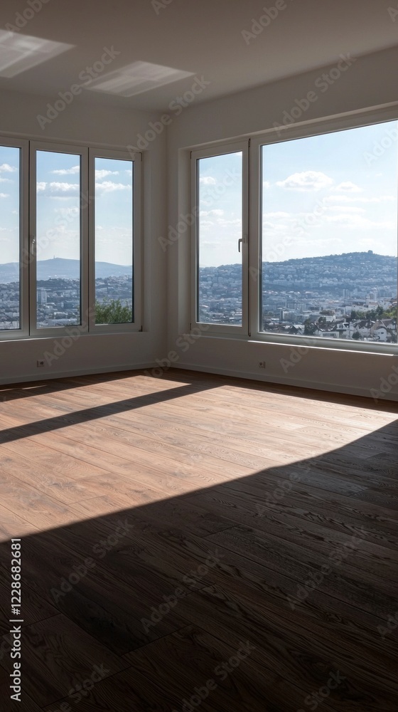 Fototapeta premium Modern Empty Room Panoramic City View Sunlight Hardwood Floor