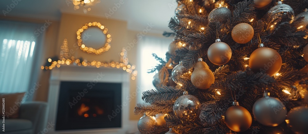 Fototapeta premium Close-up of a decorated Christmas tree in a cozy living room with a fireplace.