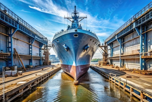 Navy blue navy ship in dry dock with water covering the hull and propeller, industrial, water, machinery photo