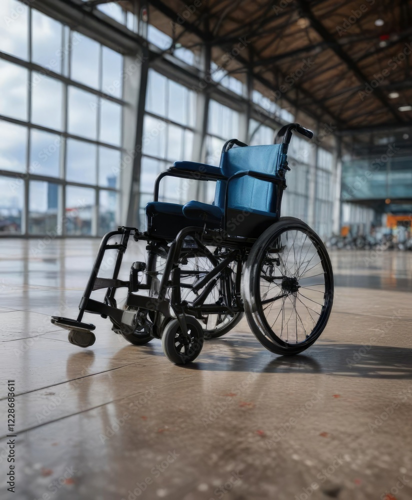 Fototapeta premium Old wheelchair left on the ground of an empty airport terminal building, trash , abandoned