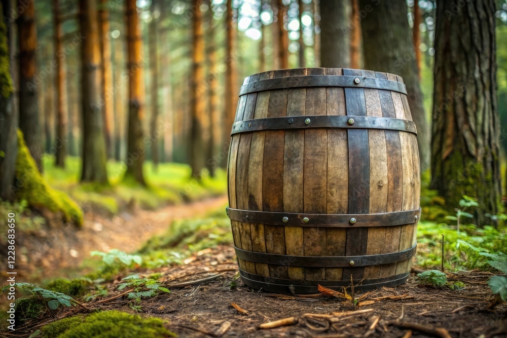 Old whiskey barrel with wooden slats and metal bands sitting on the ground in a rustic forest, aged wood, earthy tone, forest, natural surroundings Old whiskey barrel with wooden slats and metal bands sitting on the ground in a rustic forest, aged wood, earthy tone, forest, natural surroundings