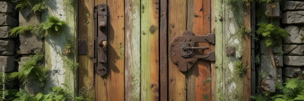 Old wooden door with rusty metal hinge and thick layer of moss and algae, mineral deposits, old door, algae growth Old wooden door with rusty metal hinge and thick layer of moss and algae, mineral deposits, old door, algae growth