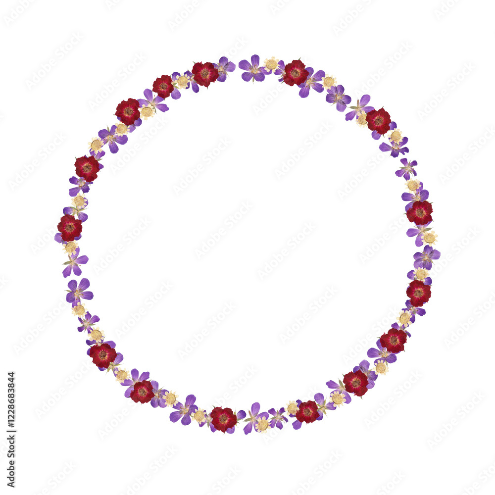 Round frame wreath with realistic pressed dried flowers isolated on transparent background. Round frame wreath with realistic pressed dried flowers isolated on transparent background.