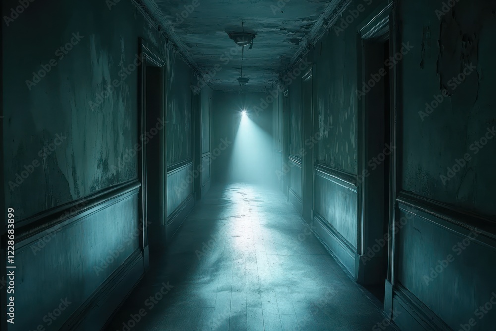 Creepy dark hallway, abandoned building, mysterious atmosphere, horror movie scene Creepy dark hallway, abandoned building, mysterious atmosphere, horror movie scene