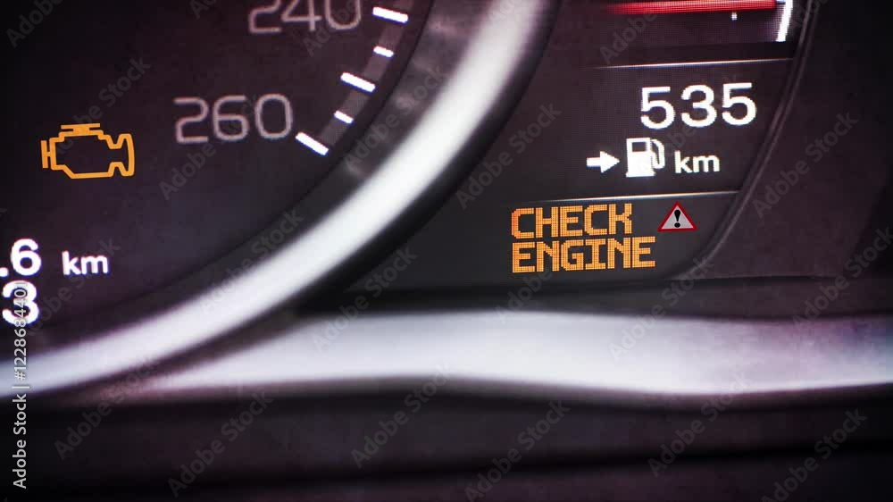 Interior of a modern car and a Check Engine warning light