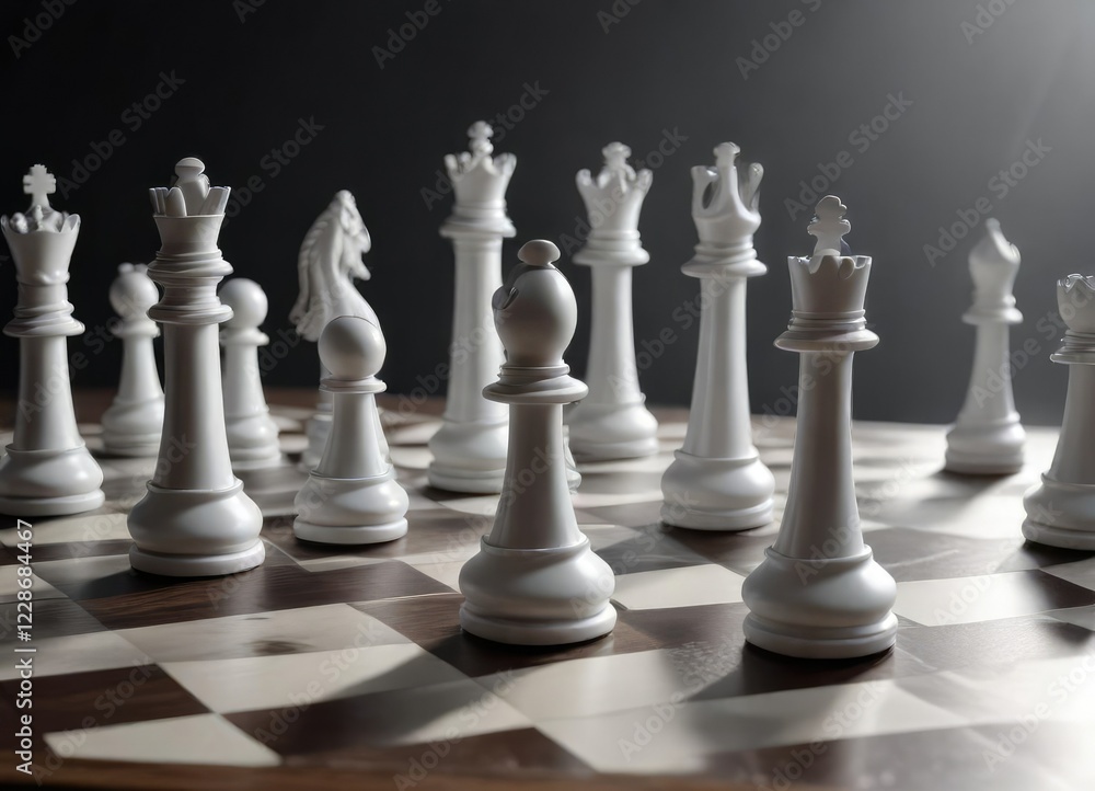 Mystical white chess set casting shadows on game board, enchantment, wizardry Mystical white chess set casting shadows on game board, enchantment, wizardry