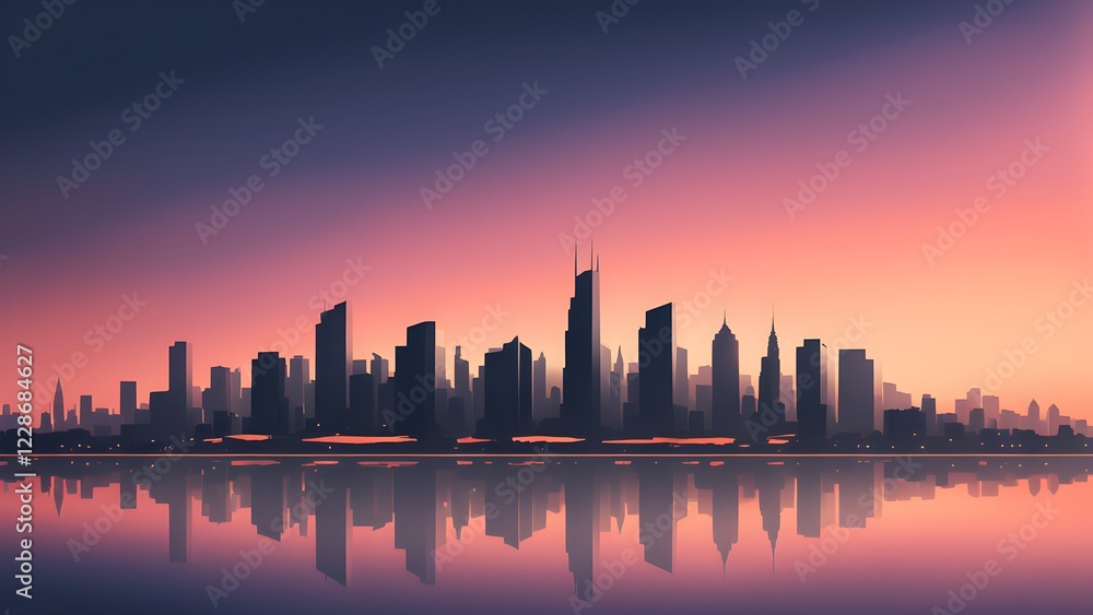 Serene cityscape silhouette reflected in calm water at sunset, showcasing a vibrant pink and purple sky. Serene cityscape silhouette reflected in calm water at sunset, showcasing a vibrant pink and purple sky.
