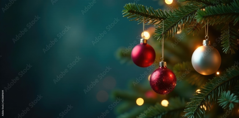 Decorated Christmas branch with ornaments and lights hanging, light, tree Decorated Christmas branch with ornaments and lights hanging, light, tree