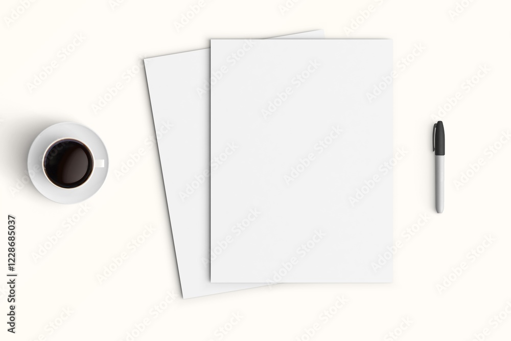 Modern workspace with copy space on white color background. Top view with copy space. Flat lay style. Minimal blank mockup.