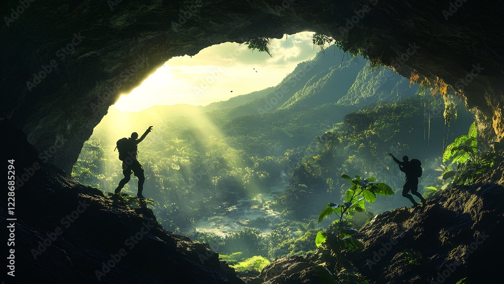 Obraz premium Adventurers Exploring a Sunlit Jungle Cave