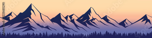 Sunrise in the mountains, panoramic view, seamless border, vector illustration