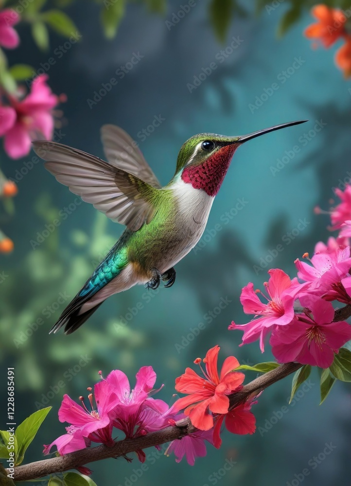Naklejka premium Hummingbird perched on a branch with vibrant flowers, nature, bird