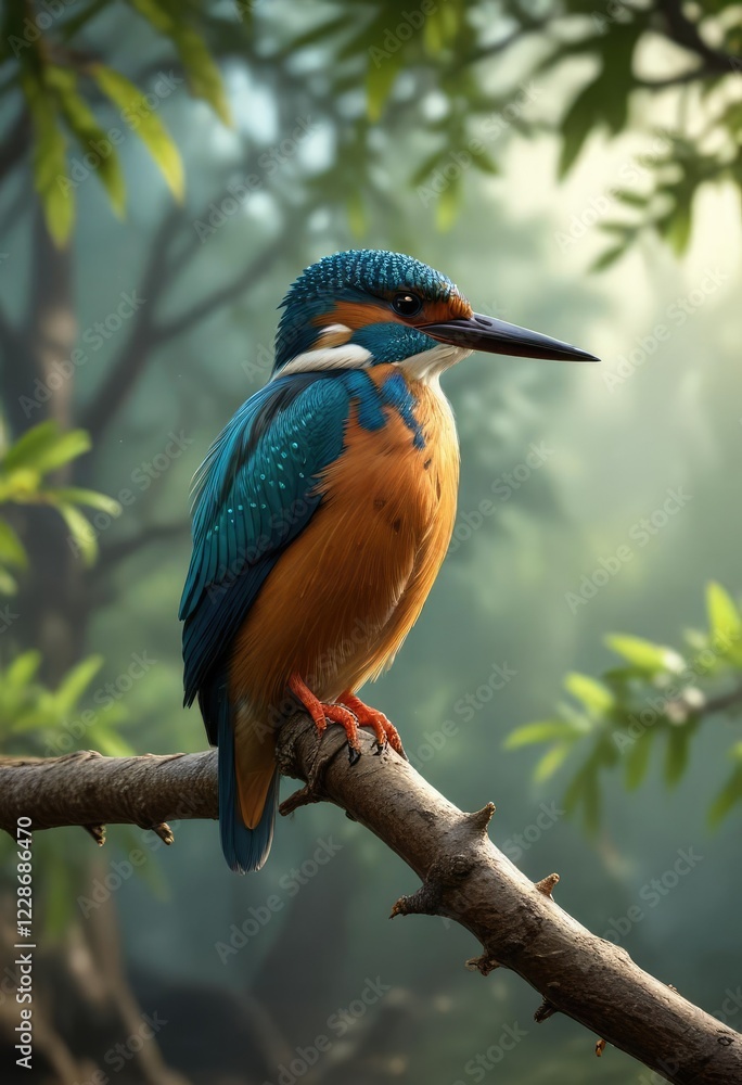 Kingfisher's sharp talons grip the branch tightly as it takes its morning perch, bird behavior, bird, lake bird Kingfisher's sharp talons grip the branch tightly as it takes its morning perch, bird behavior, bird, lake bird