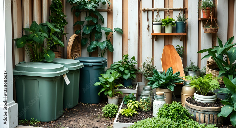 Fototapeta premium A sustainable garden with compost bins, reusable jars, bamboo straws, and cloth bags, surrounded by lush greenery, symbolizing the principles of zero waste living and eco-friendly choices.