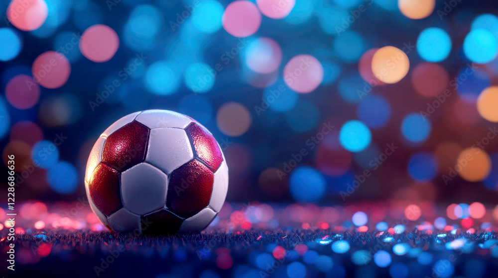Naklejka premium A vibrant soccer ball resting on a dazzling background of lights.