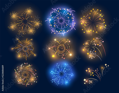 Vector set fireworks in the form of a scattering of yellow, blue and star sparks.