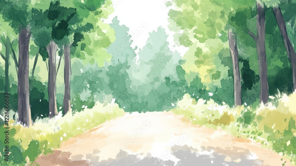 Serene forest path leading through lush greenery with soft sunlight filtering through trees Serene forest path leading through lush greenery with soft sunlight filtering through trees