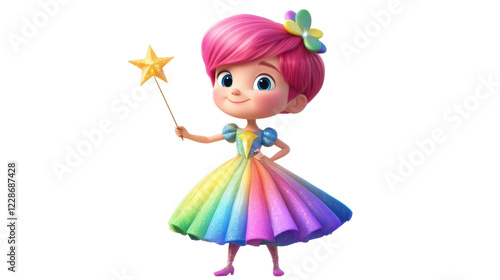 A playful cartoon princess with short pink hair, dressed in a colorful rainbow gown, holding a wand with a star-shaped tip, against a white background.