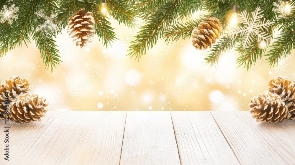 Festive Winter Tabletop Scene with Pine Cones and Branches Festive Winter Tabletop Scene with Pine Cones and Branches