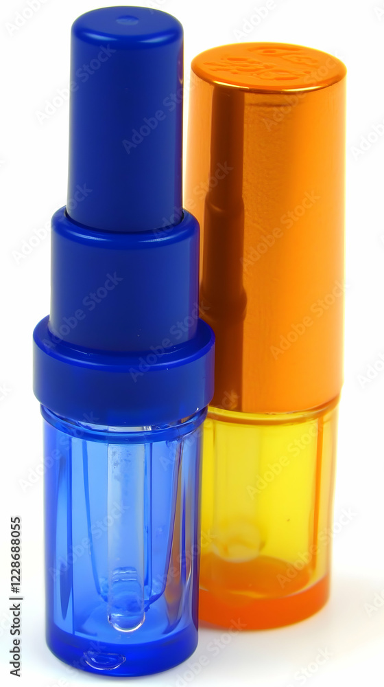 Colorful plastic containers with droppers, studio shot, white background, product packaging Colorful plastic containers with droppers, studio shot, white background, product packaging