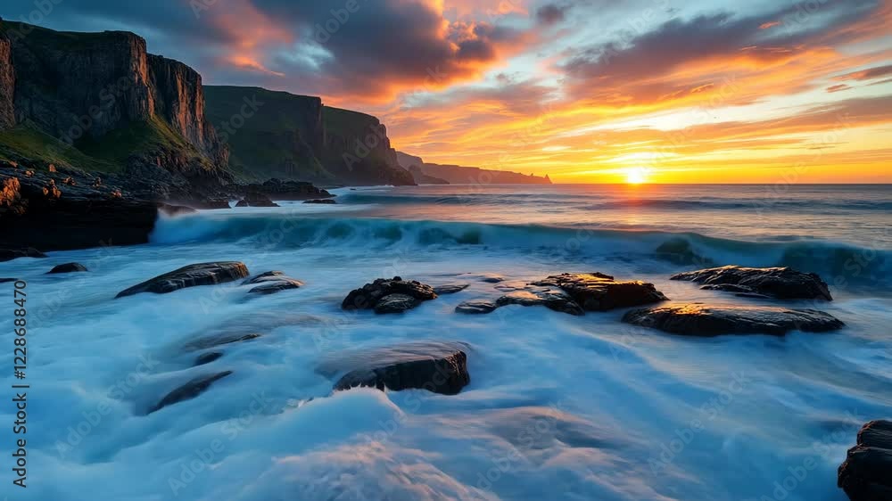 Dramatic coastal sunset with crashing waves and rugged cliffs at golden hour Dramatic coastal sunset with crashing waves and rugged cliffs at golden hour