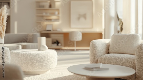 Minimalist Living Room with Creamy Textures and Soft Lighting creating a serene home space